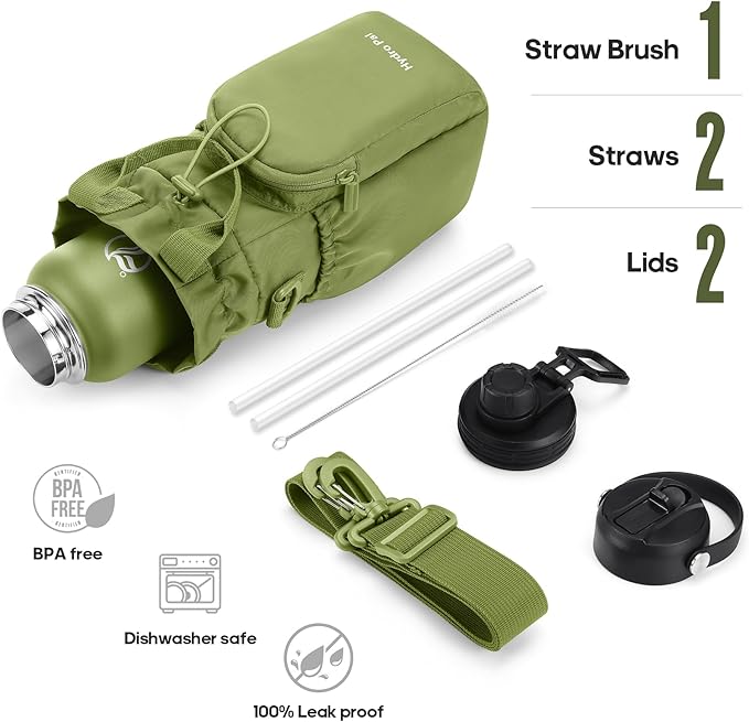 Insulated Water Bottles 32 oz with 2 Leak Proof Lids & Water Bottle Holder, Wide Mouth Sport Water Bottle with Straw, Reusable Stainless Steel Water Flask, Double Walled Vacuum Thermos