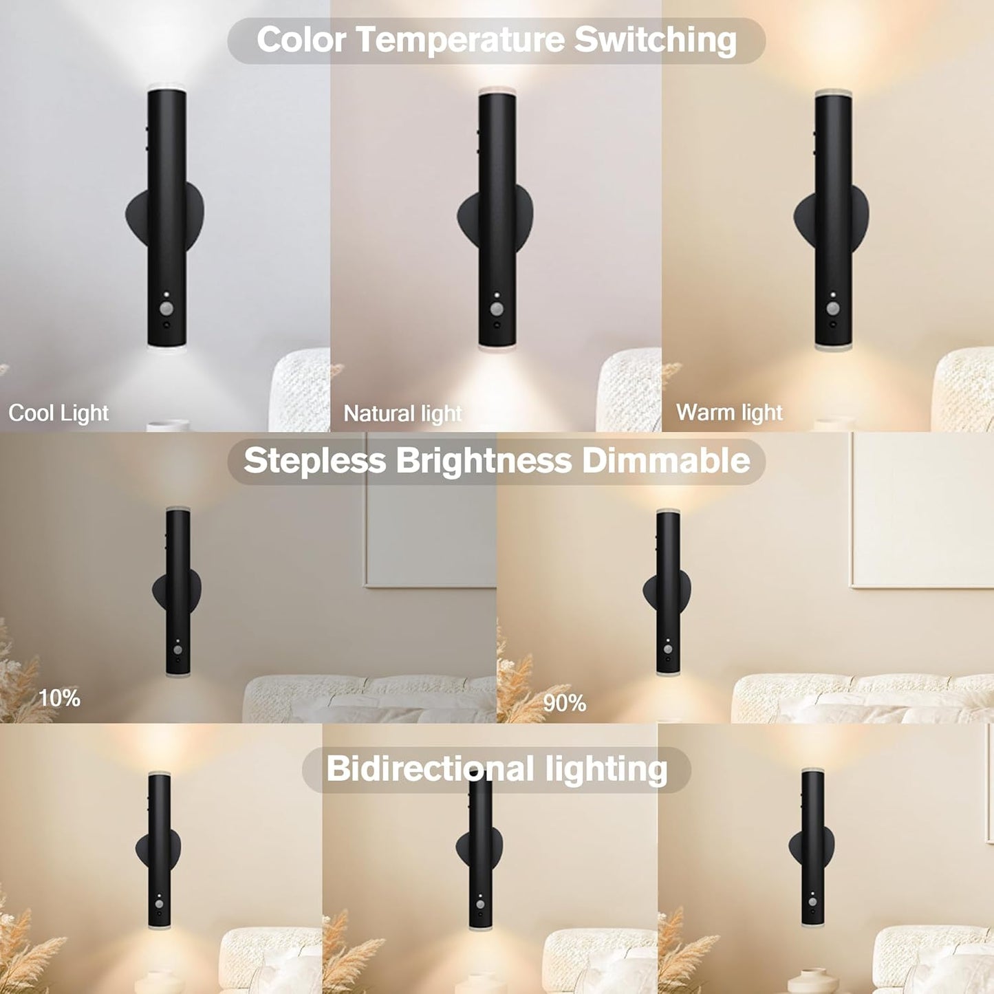 Battery Operated Wall Sconce Set of Two, Rechargeable Wall Lights with Motion Sensor, Remote Control, Dimmable Metal Magnetic Wall Lamp for Decor, Bedroom, Night Light (Black, 2 Pcs)