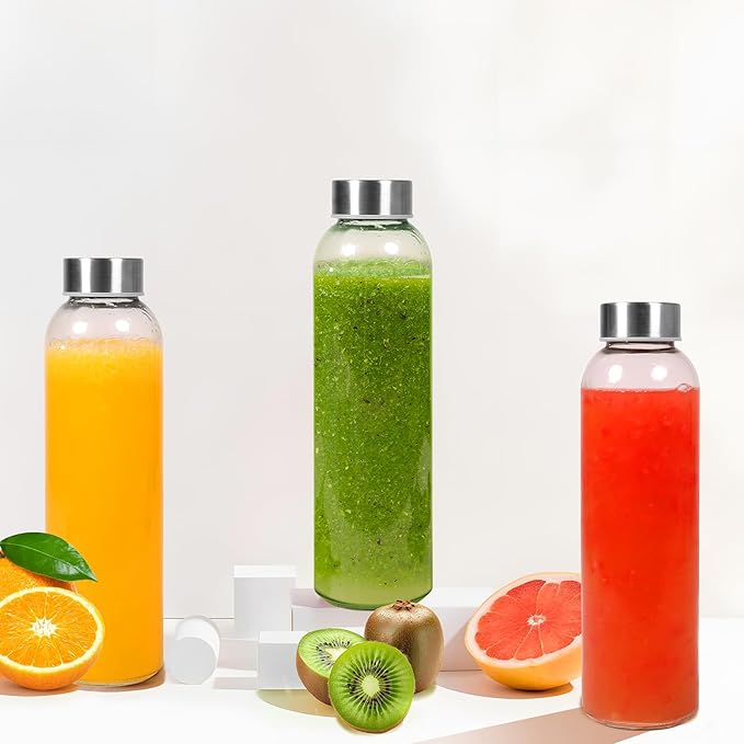 Clear Glass Water Bottles with Lids, BPA Free&Eco Friendly 100% Leak Proof,Reusable Juice Bottles Refrigerator, 18 Oz&Set of 6 (6)