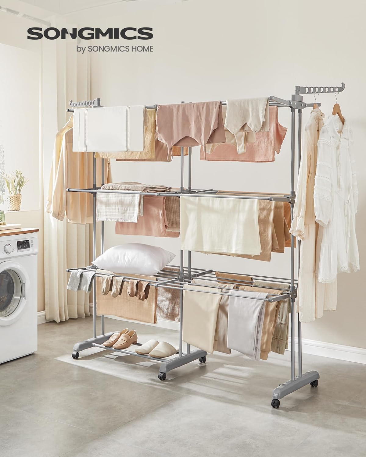 SONGMICS Clothes Drying Rack 4-Tier, Foldable Laundry Drying Rack 69.9-Inch Tall, Extendable Rods, Stainless Steel, Rolling Clothes Horses, Clothes Airer, Indoor Outdoor Use, Dove Gray ULLR704G01