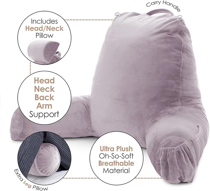Nestl Reading Pillow Large Bed Pillow, Back Pillow for Sitting in Bed Shredded Memory Foam Chair Pillow, Reading & Bed Rest Pillows Dusty Purple Back Pillow for Bed, Bed Chair Arm Pillow with Pockets