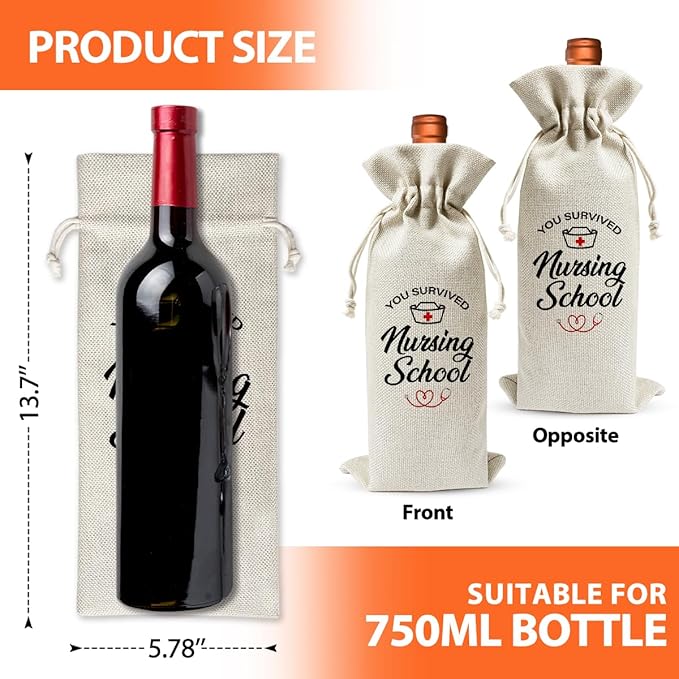 Nursing School Graduation Gift Wine Bag, Nursing School Survivor, Med School Graduation Party Gift, Nurse Appreciation Gift For Women, Nurse Day Nurse Week Gift, Cotton Linen Wine Gift Bag