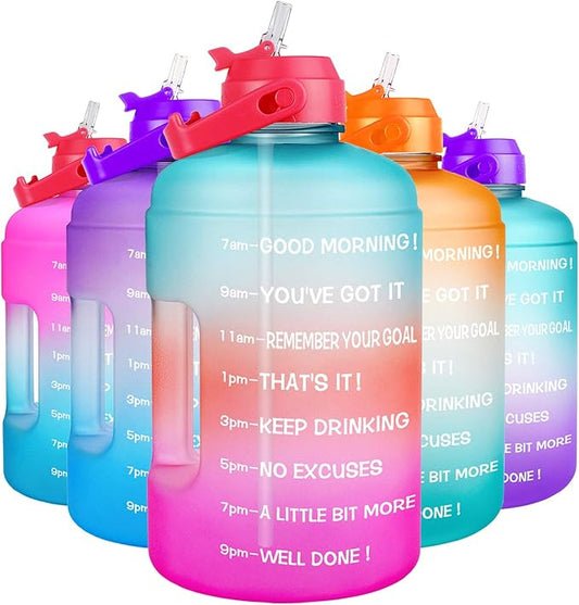 QuiFit 1 Gallon Water Bottle - with Straw & Motivational Time Marker Leak-Proof BPA Free Reusable Gym Sports Outdoor Large(128OZ) Capacity Water Jug(Green/Pink Gradient,1 Gallon)