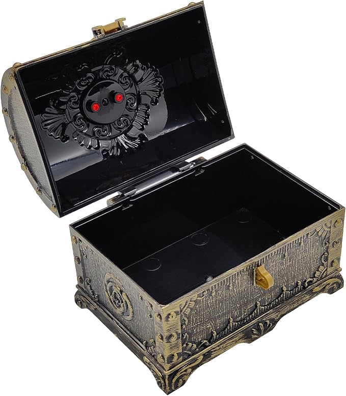 Kids Pirate Treasure Chest Storage Box,Red Rhinestone Inlaid Top Decorative Pirate Chest with Lock and Key for Kids Birthday,Halloween, Christmas Pirate Party Favors