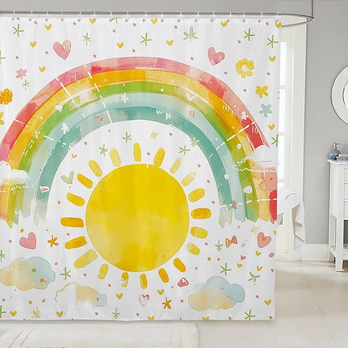 Feelyou Boys Girls Sun Bathroom Shower Curtain Set Rainbow Bath Curtain Colorful Shower Curtain Kids Cute Cartoon Teens Bathroom Accessories Room Decor 72"x72"