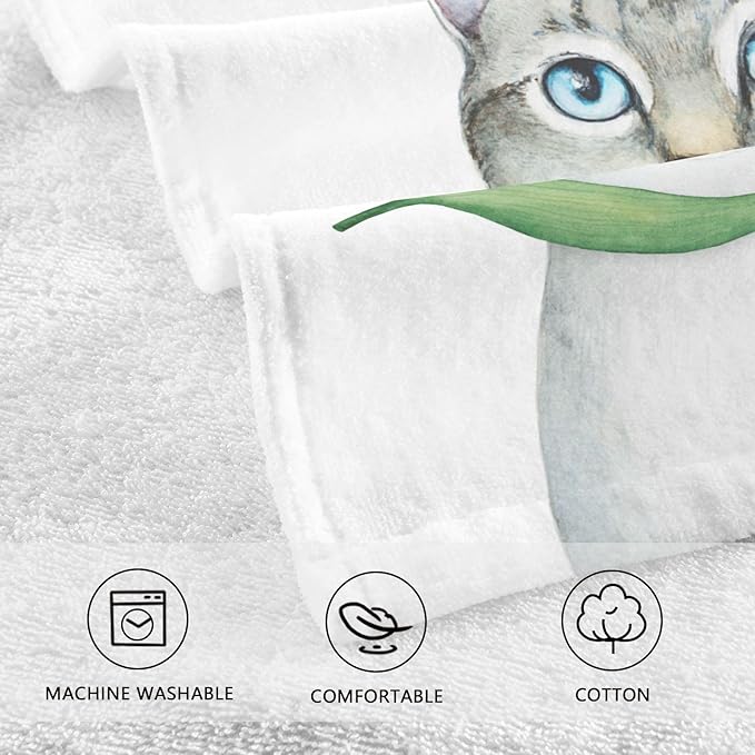 Cat Holding A Tulip Bath Hand Towel Soft Cotton Highly Absorbent Fingertip Towels for Bathroom Beach Kitchen Sports Gym Yoga Travel (2-Pieces Towel Sets, 28x16 inch)