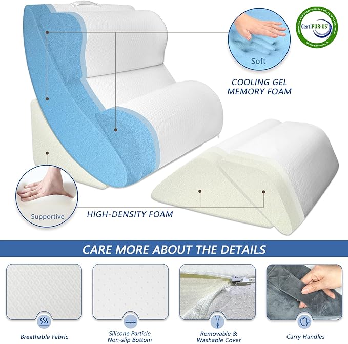 6PCS Orthopedic Bed Wedge Pillow for Sleeping, Gel Memory Foam Post Surgery Pillow Set for Back, Neck, Leg Support, Acid Reflux, Gerd, Anti Snoring, with Washable Cover & Travel Bag (White, 20'' Wide)