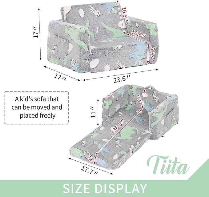 Tiita Kids Sofa, 2-in-1 Kids Sofa Chair, Convertible Children Couch to Lounger, Flip Out Kids Sofa Chair, Toddler Armrest Chair Bed for Girl or Boy(Dark Grey Dinosaur)