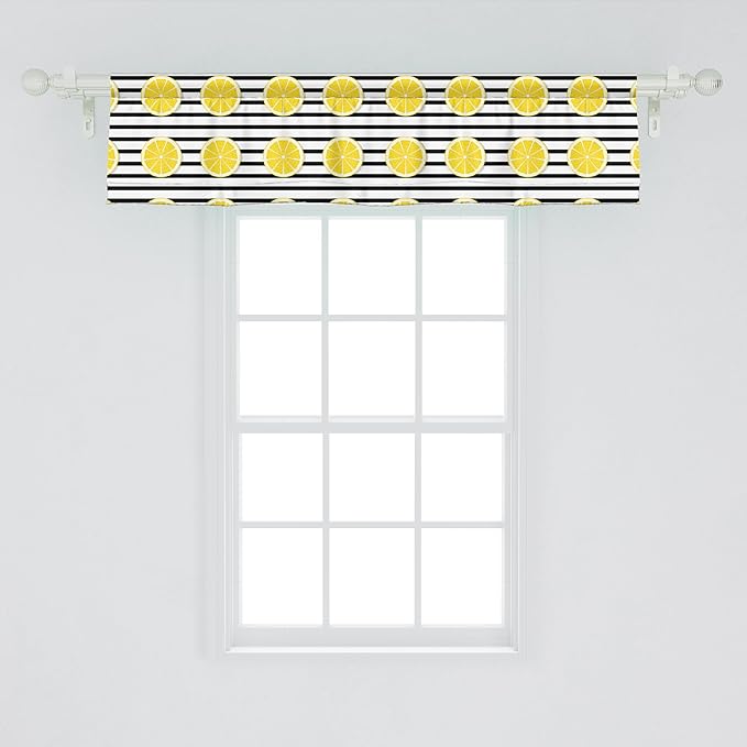 Ambesonne Lemons Window Valance, Citrus Fruits in Slices Pattern on Symmetrical Striped Background, Curtain Valance for Kitchen Bedroom Decor with Rod Pocket, 42" x 12", Yellow Charcoal Grey