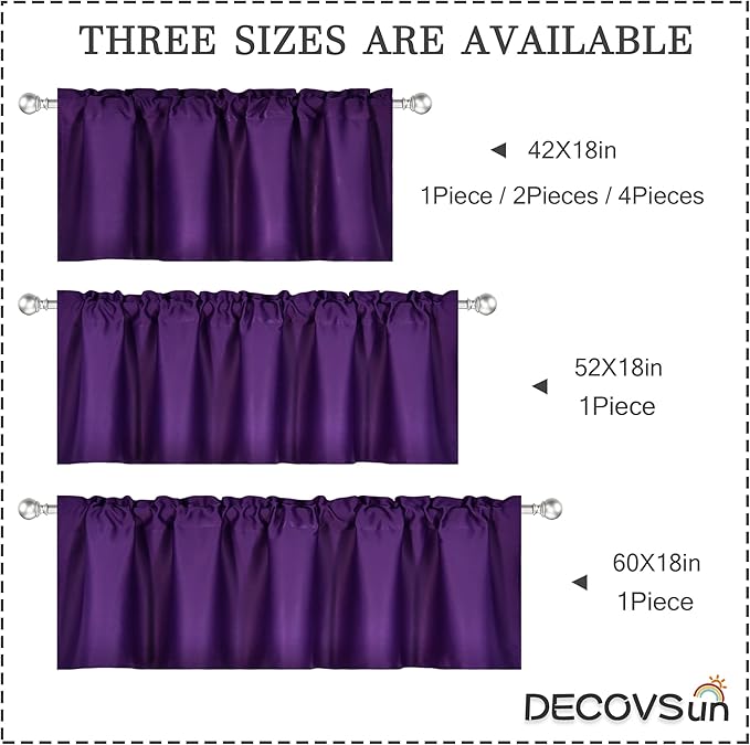 Purple Valance for Windows 42x18 Inch Solid Thermal Insulated Blackout Rod Pocket Kitchen Short Curtain Toppers Valance for Bathroom Living Room 2 Panels