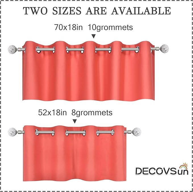 Coral Window Valance for Bathroom/Kitchen Blackout Grommet Top Short Straight Drape Valance for Bedroom 70W x 18L Extra Wide 1 Panel