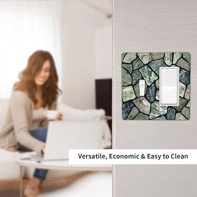 Green Stone Texture Combo Single Toggle 1 Rocker Light Switch Wall Plate Cover Decorative 2-Gang for Electrical Outlets Room Bathroom Bedroom Home Kitchen One Decora Receptacle 4.5" x 4.6"