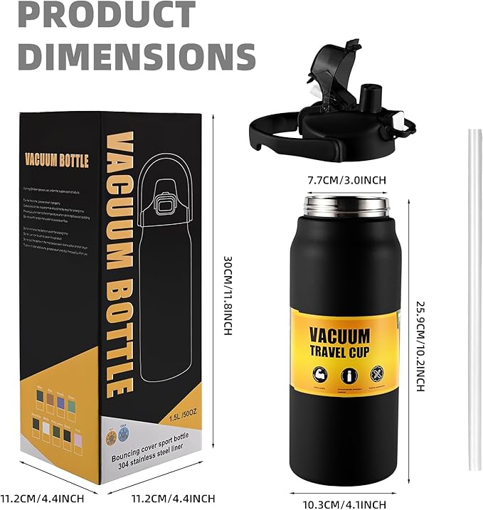 50oz/1.5L Insulated Sports Water Bottle, Stainless Steel Double Wall Water Jug with Handle, 2-in-1 Chug Spout and Straw Lid with Lock Cover for School, Outdoor, Sports & Travel, Black