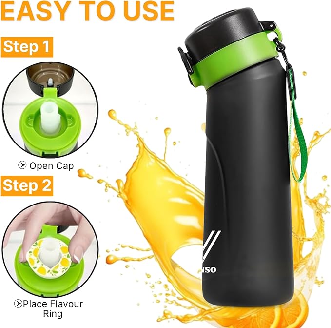 Water Bottle,650 ml scent water bottle with 5 flavor pods,Leak proof and BPA-free sports water bottle with straw,suitable for outdoor sports,0 sugar,0 calorie,Ideal gift (black)