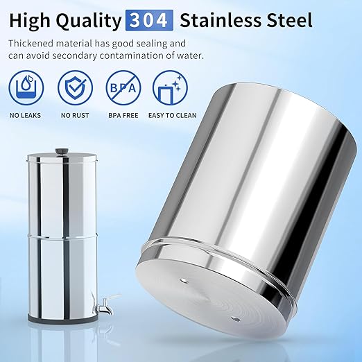 Gravity-Fed Water Filter System 1.5G Stainless Steel Countertop Water Filtration System with 2 Carbon Filters Reduce Lead and 99% Chlorine Conforms to NSF/ANSI 42&372 Standards Portable