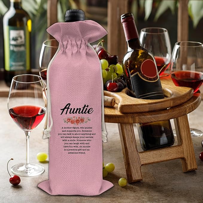 HOIJAUMAI Auntie Gift Auntie Gift Ideas Aunt Wine Bag Auntie Wine Gift Bags for Birthday Mother's Day (Pink)