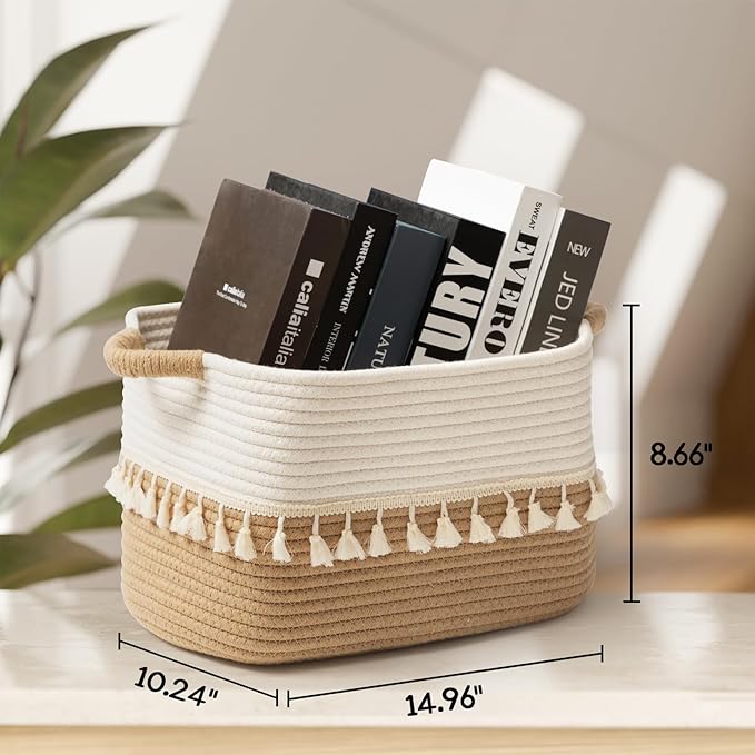 TeoKJ Woven Storage Bin Set of 3, Cotton Rope Basket for Storage, Clothes Boho Storage Basket Bin for Organizing and Storage, Fabric Storage Basket for Books, Plants, Pet Treats, White & Jute