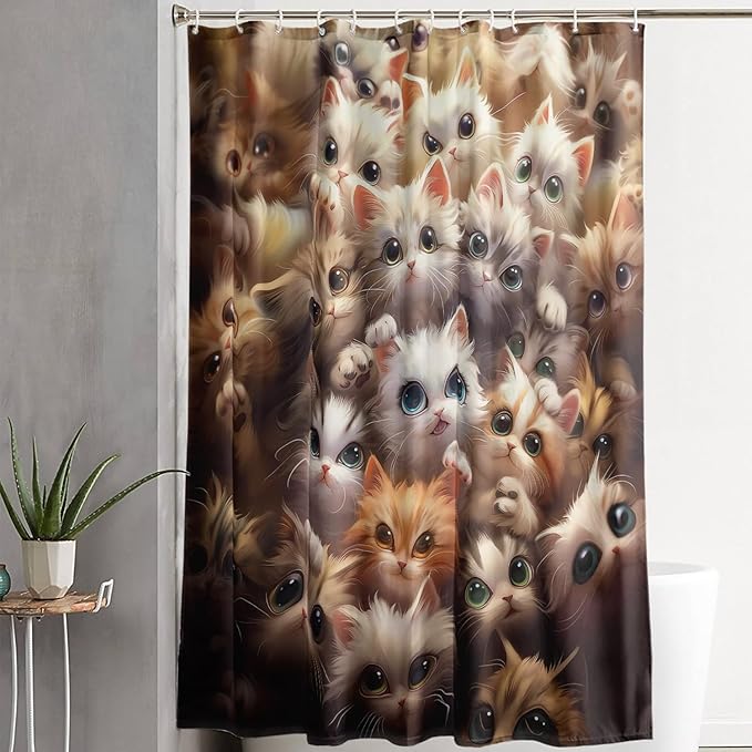 AILONEN Kawaii Cat Shower Curtain for Kids Boys,Lovely Hairy Cat Fabric Shower Curtains for Bathroom,Cute Animal Kittens Polyester Cloth Bath Curtain Set, 72" W*72" H