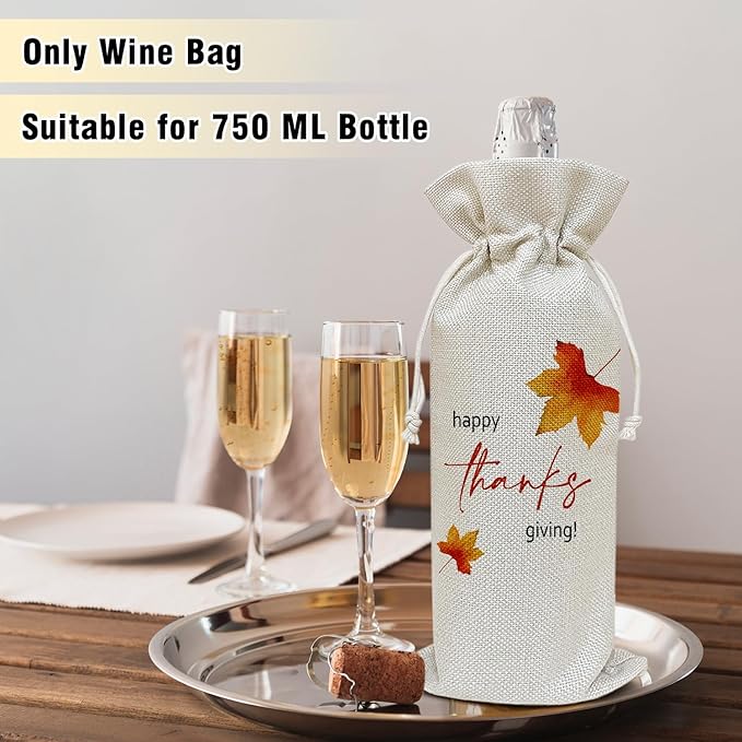 Wine Canvas Bag, Thanksgiving Wine Gift Bag, Thanksgiving Gifts for Women Men Friends Autumn Harvest Party Wine Bags for Wine Bottles, Wine Gifts With Drawstring Holiday Fall Party Decoration -WB34