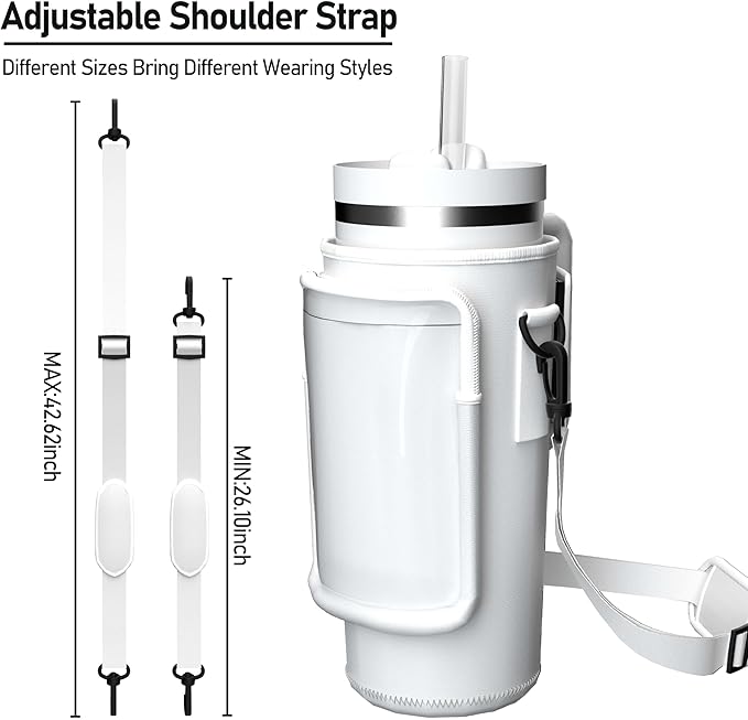 Water Bottle Carrier Bag with Phone Pocket for 40oz Tumbler with Handle, Adjustable Strap Neoprene Water Bottle Sleeve Pouch for Hiking Camping Travelling. (White)