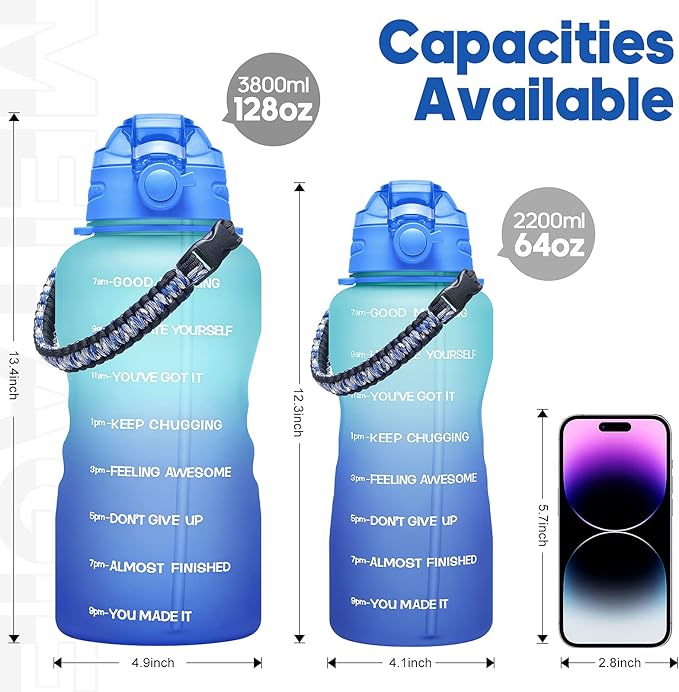 Water Bottles 1 / Half Gallon with Time Marker and Straw, Large Fitness Sports Motivational Bottle, Wide Mouth Leakproof and BPA Free for Travel, Gym,office,school
