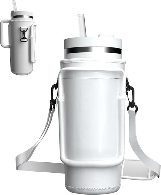 Water Bottle Carrier Bag with Phone Pocket for 40oz Tumbler with Handle, Adjustable Strap Neoprene Water Bottle Sleeve Pouch for Hiking Camping Travelling. (White)
