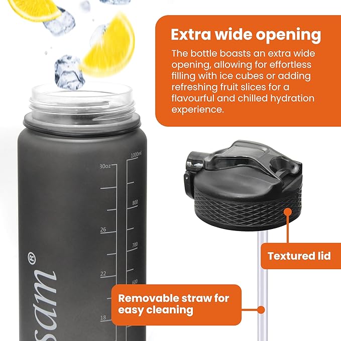 KOSAM Water Bottle 1L Sports Water Bottle with Motivational Time Marker & Straw, Dishwasher Safe Leak-proof Drink Bottle BPA Free Non-Toxic Tritan Material 1 Click Open for Running Gym