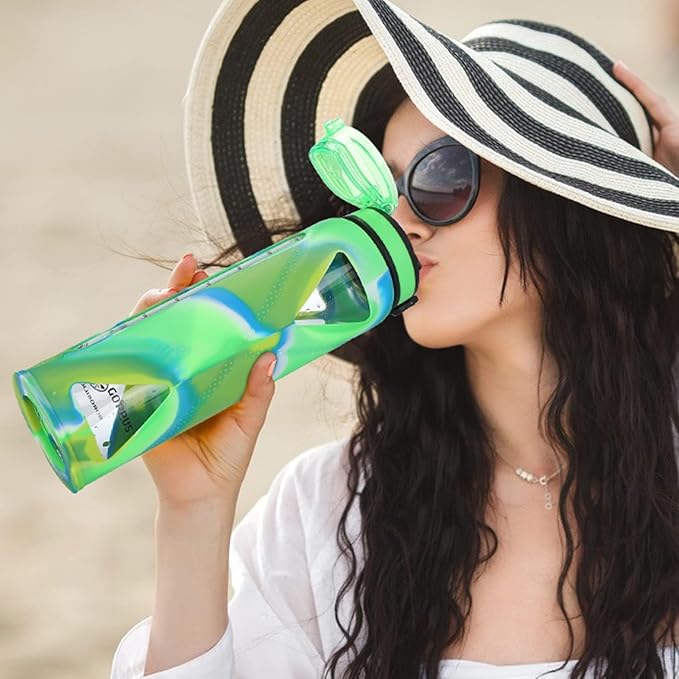 GOPPUS Glass Water Bottles with Straw and Flip Lid, Motivational Water Bottles with Time Marker Reminder and Silicone Sleeve, Leakproof, BPA Free (32 oz, Green Blue and White)