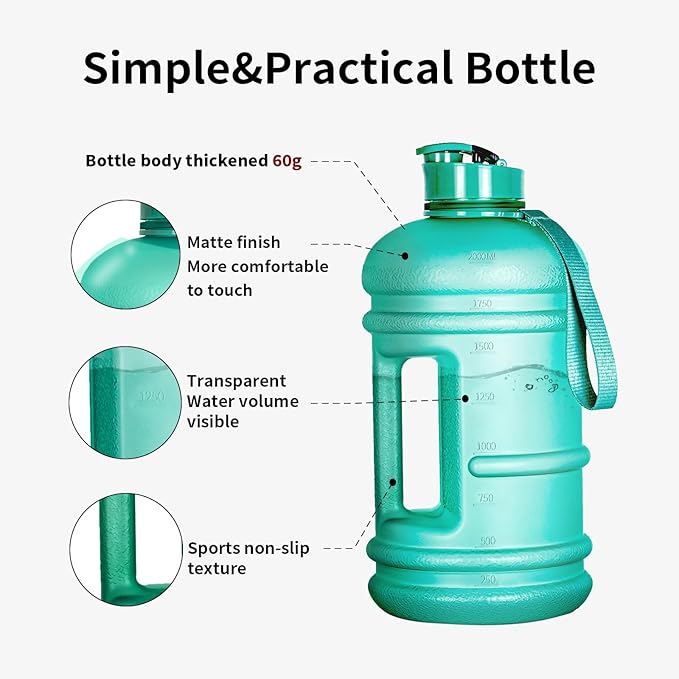 TOOFEEL 2.2 Liter 74 oz Reusable Clear Water Bottles - 100% Leak Proof BPA Free Water Bottle that Tracks Water Intake with Visible Volume Water Jugs for Sports Bottle (Clear Matte Green Water Bottle)