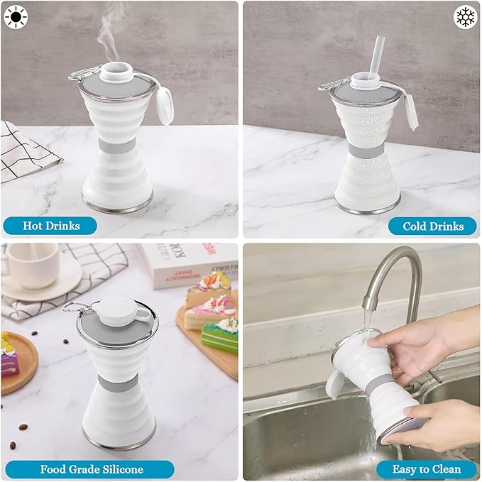 jessie Collapsible Water Bottles 17 oz Silicone Foldable Water Bottles Portable Travel Water Bottle with Buckle for Camping Hiking Sports Outdoor Gym Summer (White)