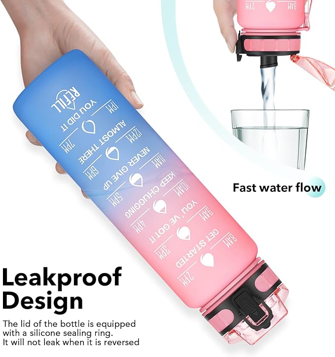 32oz Motivational Water Bottle with Time Marker & Fruit Strainer, Leak-proof BPA Free Non-Toxic Bottle with Carrying Strap, Perfect for Fitness, Gym and Outdoor Sports