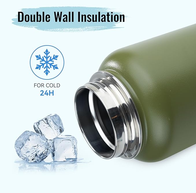 Stainless Steel Water bottle with Straw & Wide Mouth Lid, Wide Rotating Handle, 40oz Double Wall Vacuum Insulated Water Bottle Leak Proof, BPA Free, Keep Cold and Hot, 40oz, Army Green