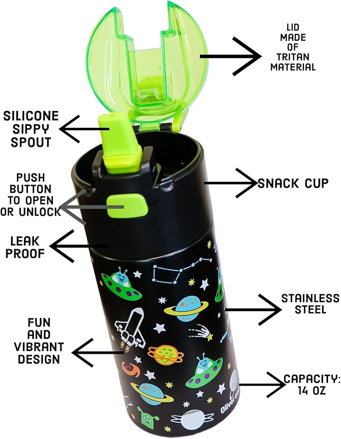 Kids insulated water bottle with straw and snack cup. Double wall stainless steel 14oz (hot peach and light turquoise dinosaur)