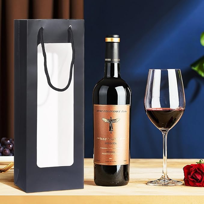 Megitzuu Wine Bottle Gift Bags With Window, 10 Pack Reusable Kraft Paper Wine Gift Bags for Wine Bottle Birthday Party Wedding Bridal Shower Gift Supplies