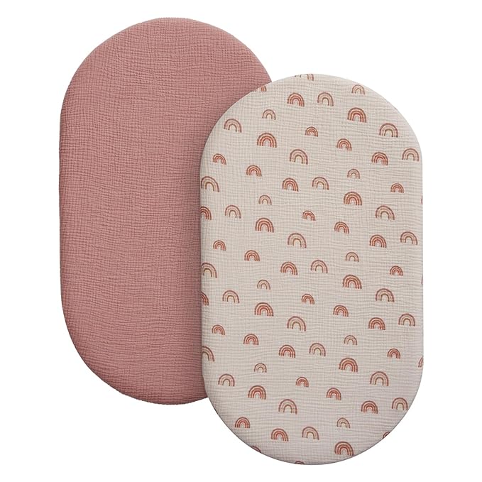 Blissful Diary Muslin Bassinet Sheets for Baby Girls Boys, Boho Soft Cotton Fitted for Oval Hourglass Rectangle Mattress, 2 Pack(Dusty Pink&Rainbow)