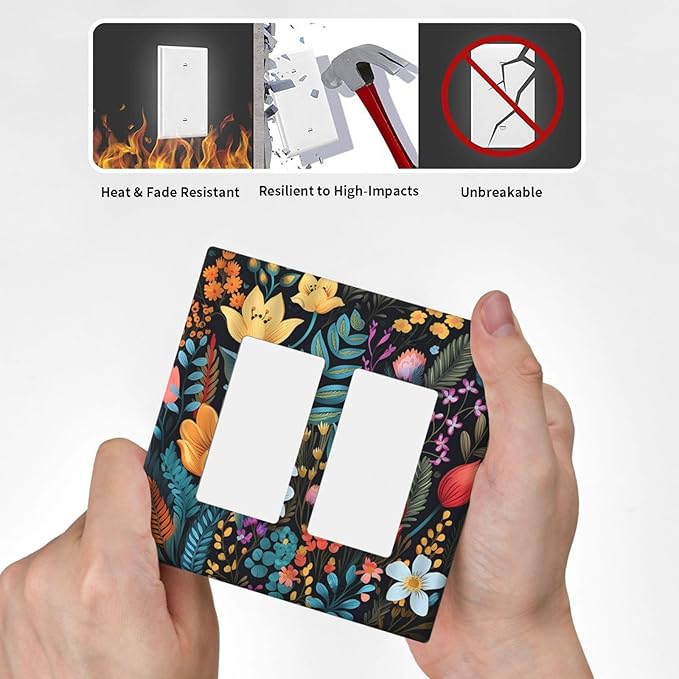 Boho Floral Vintage Flower Leaves Rustic Wildflower Plants 2 Gang Rocker Decora Light Switch Covers Dual Outlet Covers Wall Plate Decorative Switchplate Electrical Faceplate GFCI for Country Bedroom