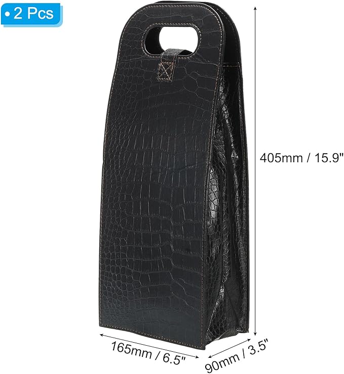 PATIKIL 2 Bottle Wine Gift Bag, 2 Pack Wine Bag Reusable Leather Wine Tote Carrier for Wine Bottles Portable Champagne Gift Bags for Picnic Party Wedding, Black-2