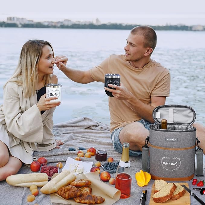 Hap Tim Wedding Gifts for Couples, Bridal Shower Gifts, Engagement Gifts for Newlyweds, Mr and Mrs Gifts - Wine Cooler Bag Insulated Wine Carrier Tote with Tumblers, Bamboo Cheese Borad (13624-G2)