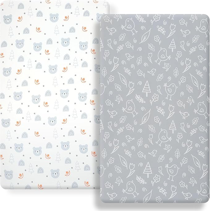 Pack n Play Fitted Sheet. 2 Piece Mini Crib Sheet. Elastic Playard Sheet. Portable Sheet Set. Elastic Convertible Playard Set. Compatible with Graco Pack n Play. (Bears and Birds)