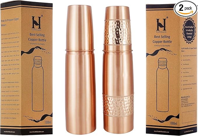 Set of 2 Copper Water Bottles With Copper Tumblers For Ayurveda Health Benefits 1000 Ml Capacity