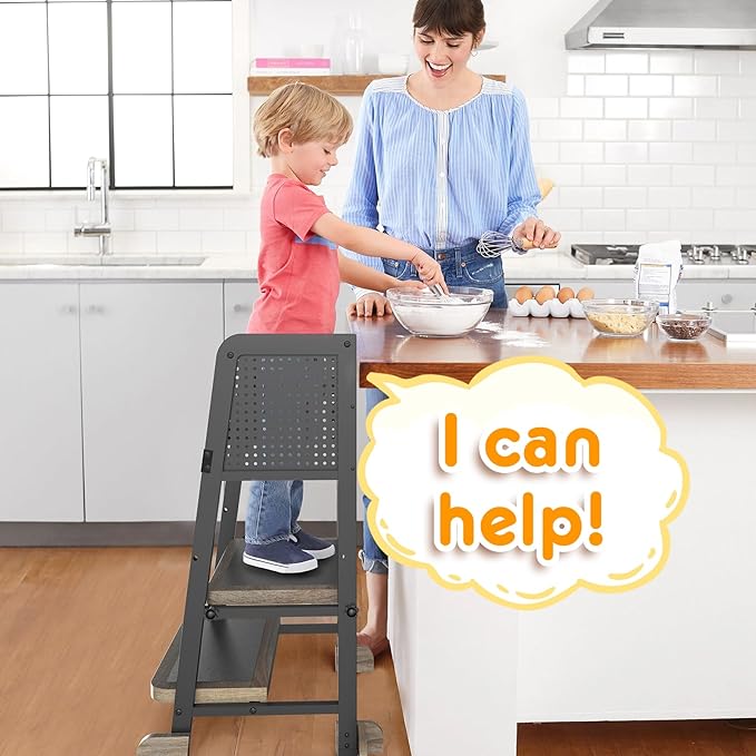 Kitchen Step Stool for Kids, Learning Tower for Toddlers 1-3, Kitchen Tower with Anti-Slip Mat and Adjustable Stand, Wood Metal Standing Stool for Counter, Light Brown and Black