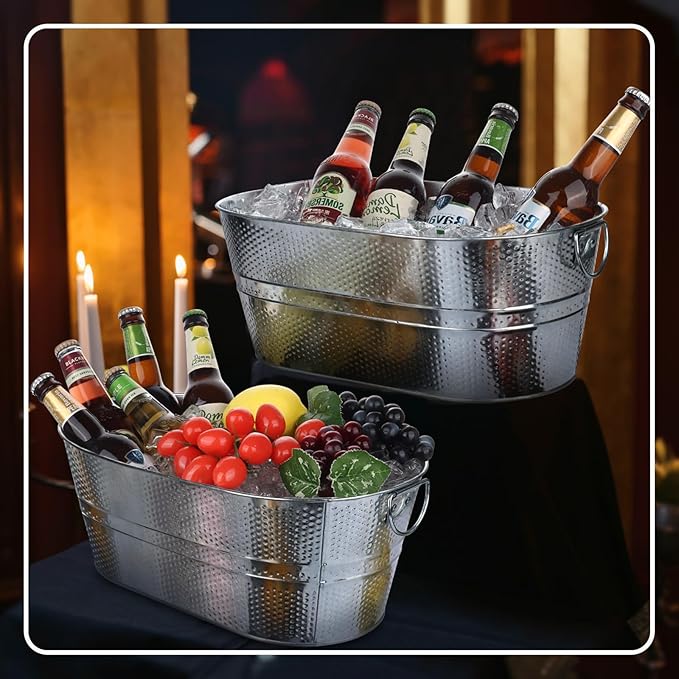 Galvanized Tub Dot Beverage Tubs 2pcs Metal Ice Buckets for Cocktail Bar 3 Gallon Wine Beer Drink Buckets with Handles Large Tub Cooler Mimosa Bar Supplies Ice Bucket for Parties (Galvanized 2pcs)
