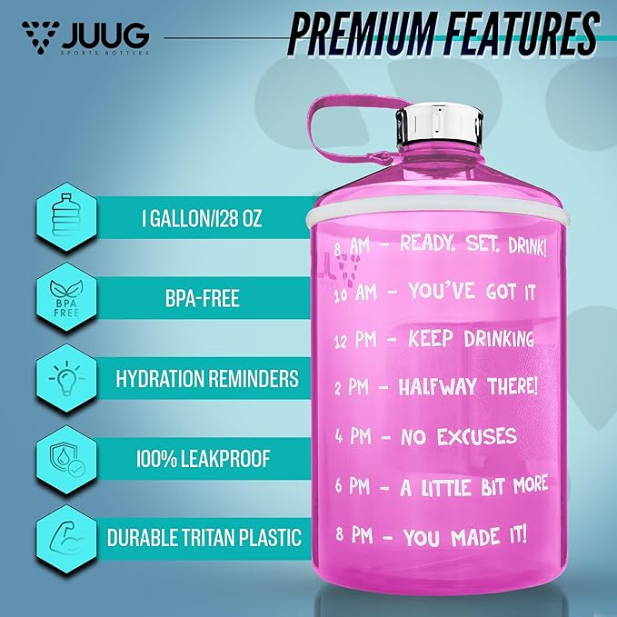 JUUG 1 Gallon Water Bottle with Times to Drink - Gallon Water Jug with Handle - 128oz Leakproof BPA Free Bottle for Gym Fitness- One Gallon Water Bottle with Motivational Time Markers