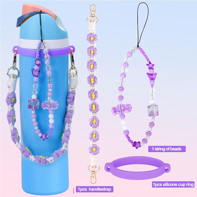 Mity rain Water Bottle Accessories Set for Owala, Including Water Bottle Handle Strap, Charms,Bohemian Style Personality and Easy to Carry (Purple, Universal (not Include Boot))