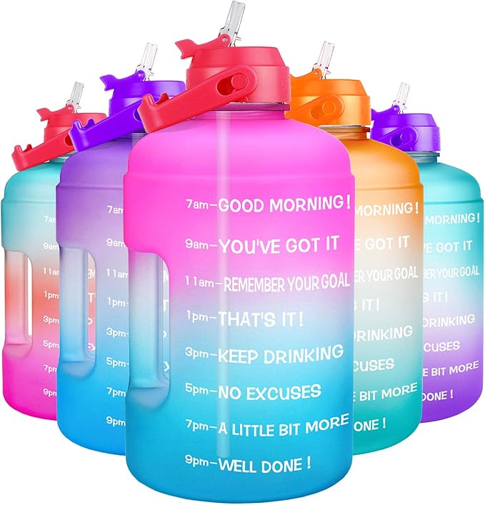 QuiFit Half Gallon Water Bottle - with Straw & Motivational Time Marker Leak-Proof BPA Free Reusable Gym Sports Outdoor Large(73OZ) Capacity Water Jug(Pink/Blue Gradient,Half Gallon)