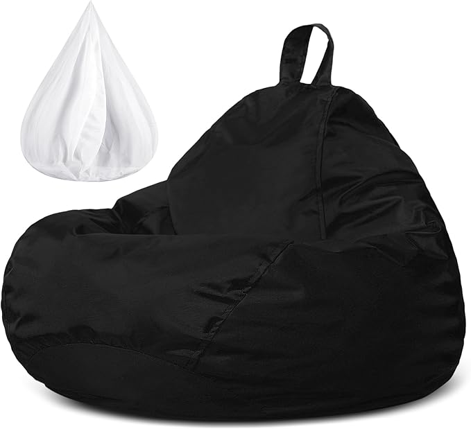 Meonum Bean Bag Chair Cover(No Filler) for Kids Stuffed Storage Bean Bag Chair Cover with Inner Liners for Easy Cleaning Bean Bag for Organizing Children (Black,27.6 x 31.5 Inch)