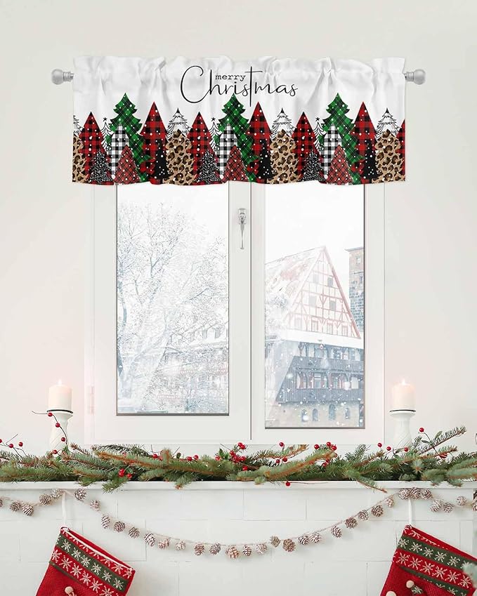 Merry Christmas Valance Curtains for Kitchen Windows Buffalo Plaid Xmas Tree Winter Forest Farmhouse Rod Pocket Window Treatment Toppers for Kitchen/Living Room/Bedroom/Bathroom, 42" X 12",Red Green