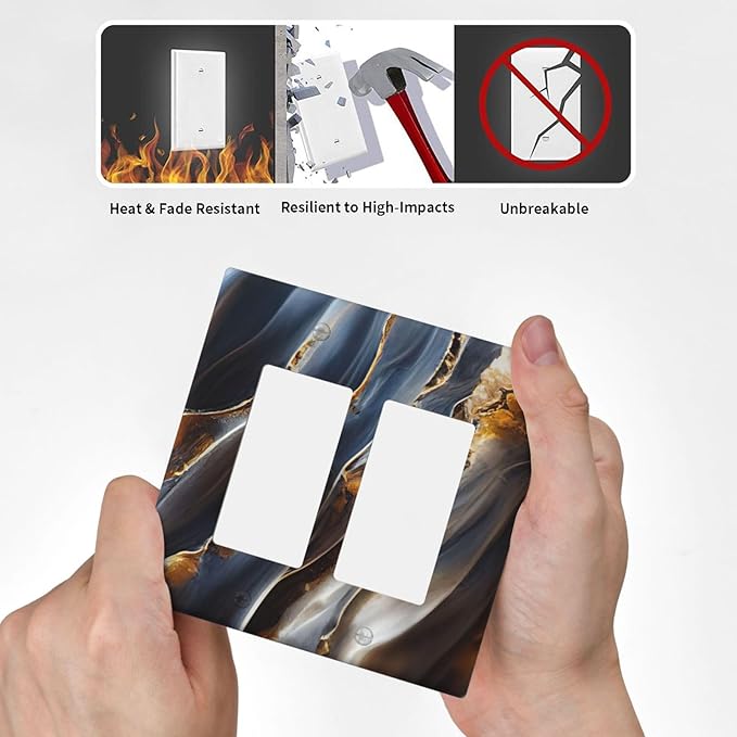 Gradient Abstract Ripple Blue Gold Marble Printed 2 Gang Rocker Decora Light Switch Covers Dual Outlet Covers Wall Plate Decorative Switchplate Electrical Faceplate GFCI for Kitchen Bathroom Bedroom