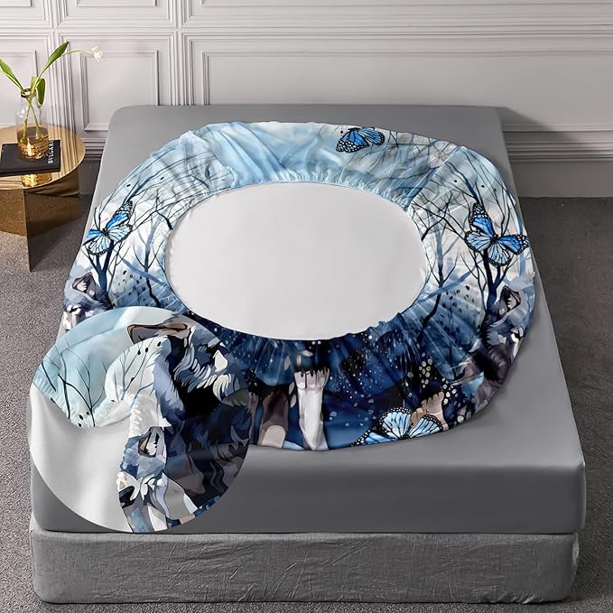 AILONEN Wolf Fitted Sheet Set Full Size for Boys Girls Animal Wolf Wildlife Bed Sheet Set,Tie Dye Wolf Fitted Sheet with 2 Pillowcases,3 Pieces Safari Wolves Print Bed Sheet Set