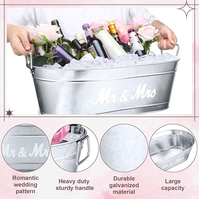 2 Pcs Wedding Mr and Mrs 5.5 Gallons Galvanized Beverage Stainless Steel Ice Buckets Tubs with Handles, Large Drink Wine Cooler Bins for Parties Farmhouse Garden Bar Christmas (Mr and Mrs)
